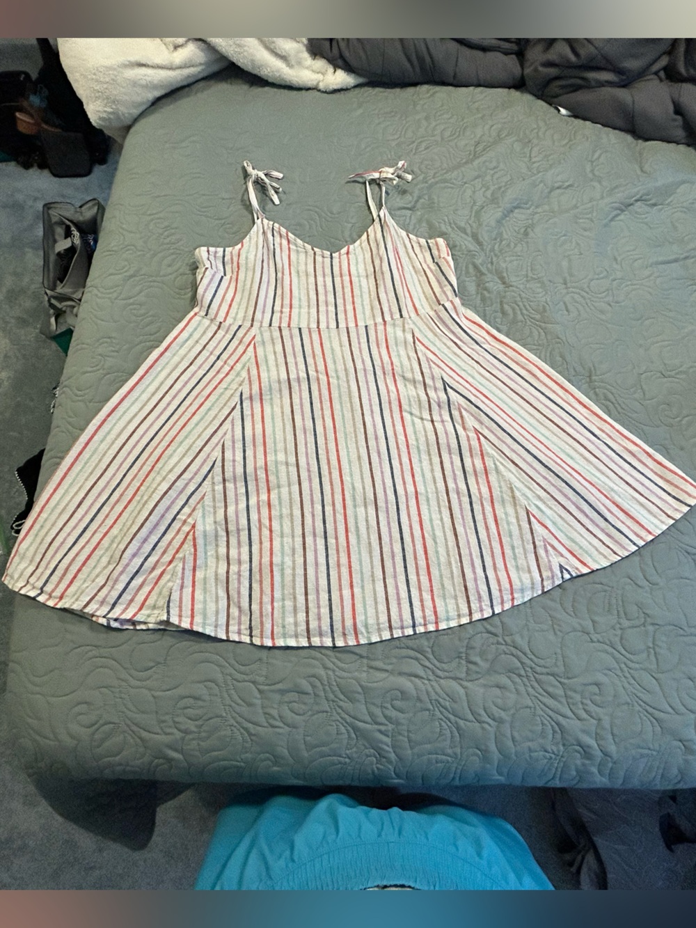 GAP Striped Tie-Shoulder Mini Dress — White with Red, Blue, Green Stripes